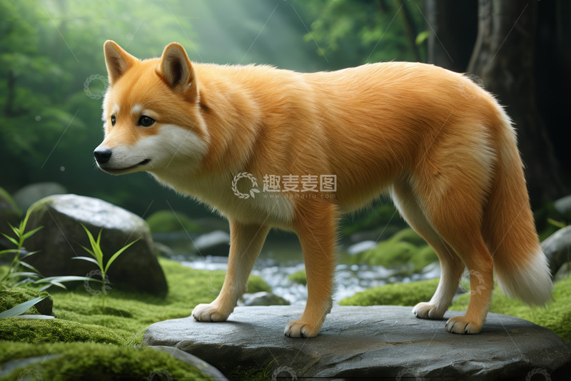 高清大图下载【趣麦麦图】森林中站立的黄白相间狗