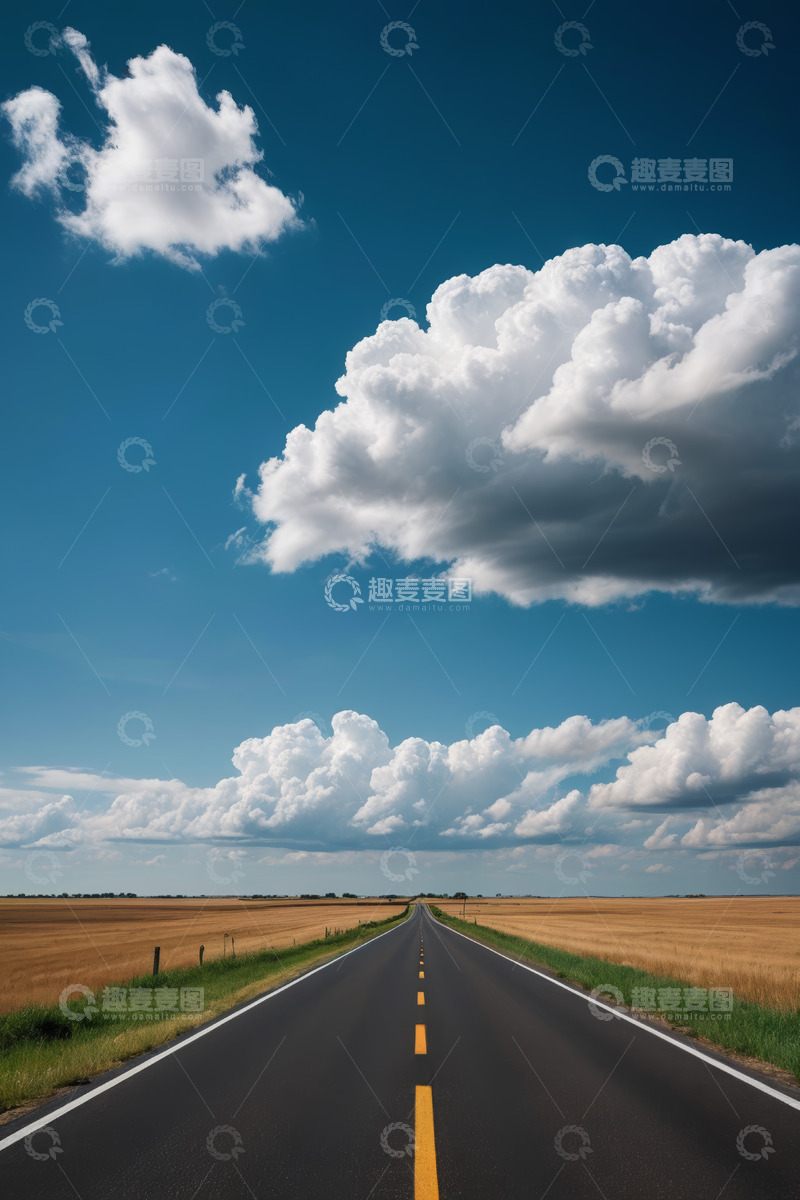 高清大图下载【趣麦麦图】旷野中延伸的道路与蓝天白云