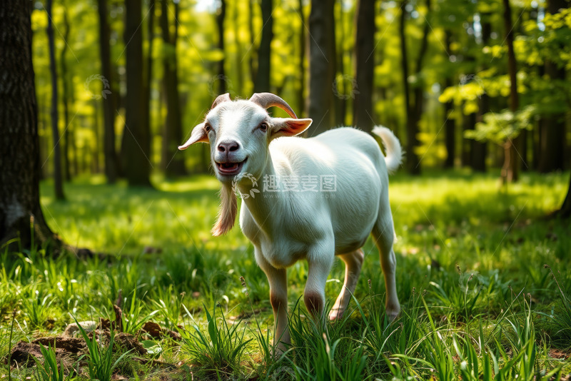 高清大图下载【趣麦麦图】森林中站立的白色山羊