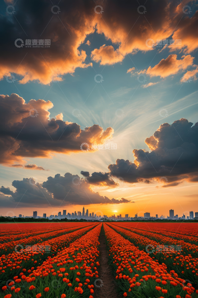 高清大图下载【趣麦麦图】城市边郁金香花田日落景象