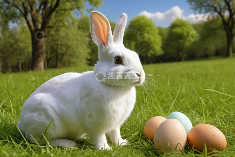高清大图下载【趣麦麦图】草地上的白兔与彩蛋