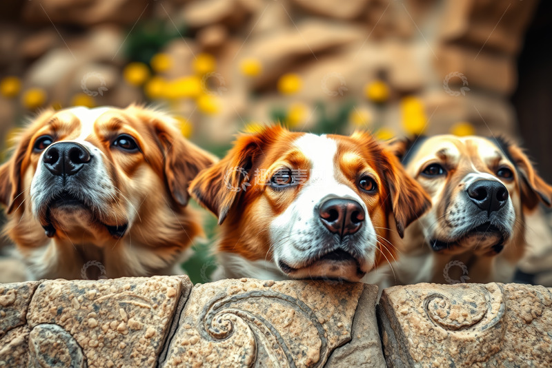 高清大图下载【趣麦麦图】三只狗探头望向远方