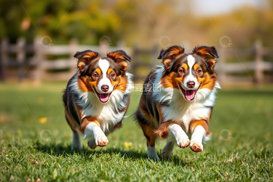草地上奔跑的两只澳大利亚牧羊犬