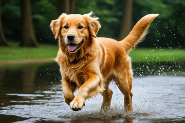 金毛犬在水边奔跑