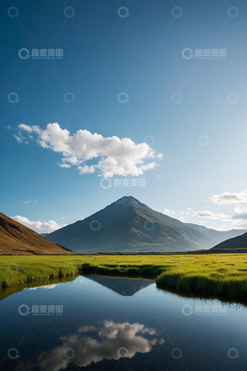 高清大图下载【趣麦麦图】蓝天白云下的山景与草地湖泊