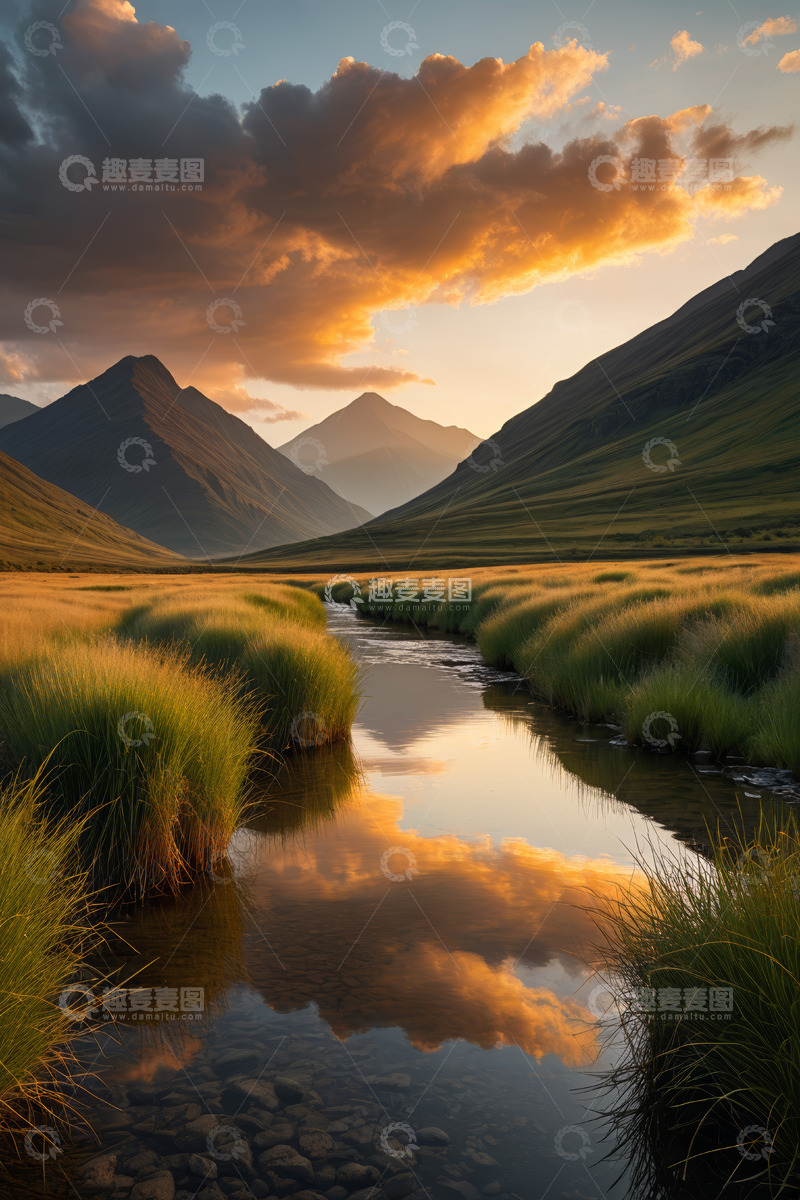 高清大图下载【趣麦麦图】山间溪流日落美景