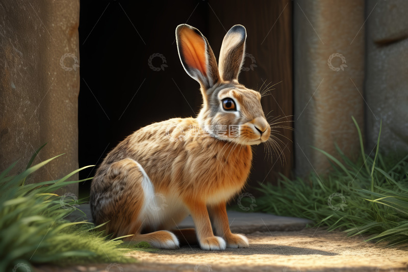 高清大图下载【趣麦麦图】门口蹲坐的可爱兔子