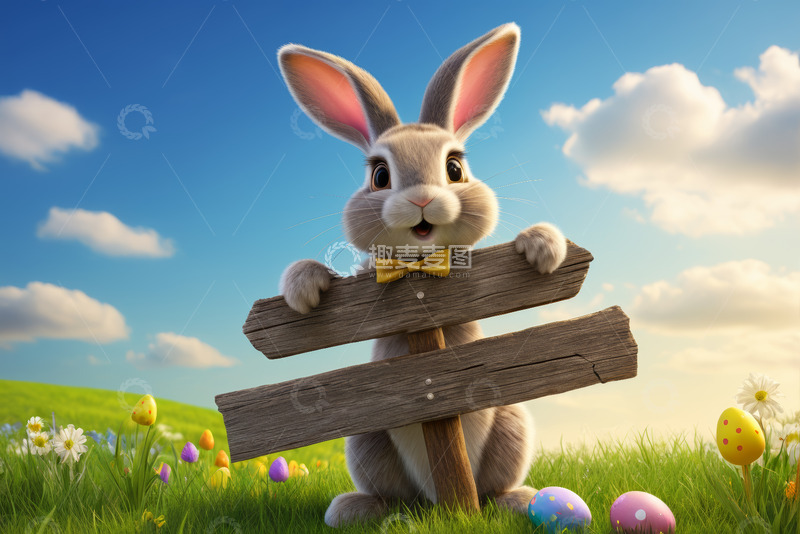高清大图下载【趣麦麦图】复活节兔子持木牌站草地
