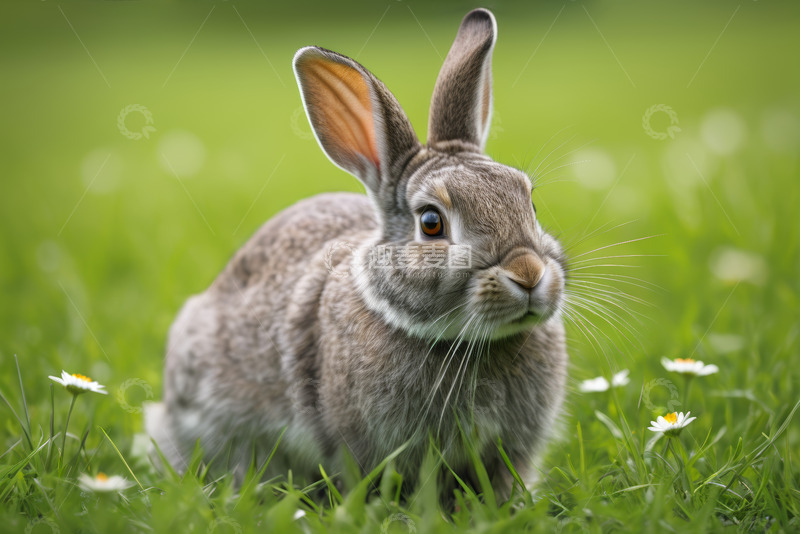 高清大图下载【趣麦麦图】草地上的灰色兔子特写