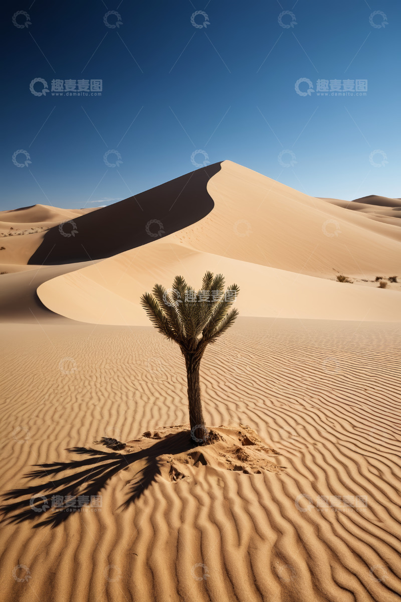高清大图下载【趣麦麦图】沙漠中孤树与沙丘景观