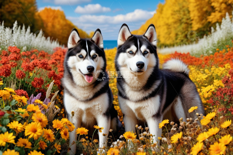 高清大图下载【趣麦麦图】花丛中两只哈士奇