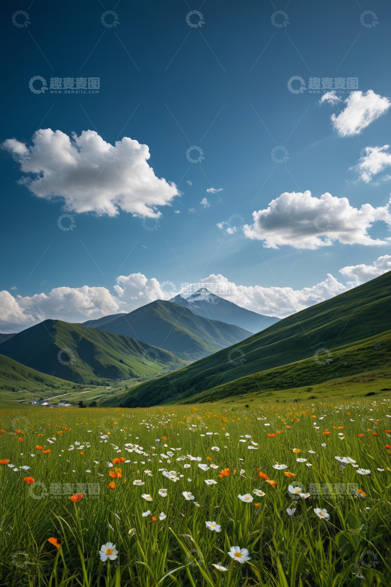 高清大图下载【趣麦麦图】高山草甸野花蓝天白云风景