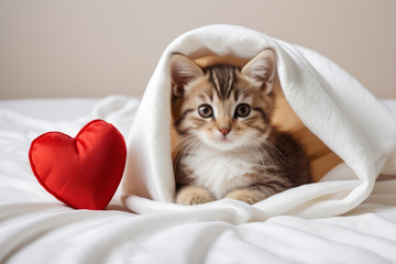 毛毯下的可爱小猫与红心