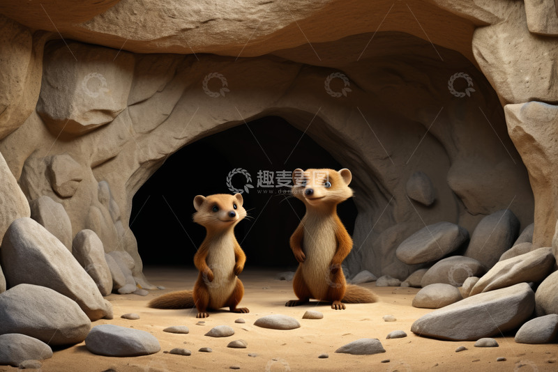 高清大图下载【趣麦麦图】洞穴内的两只卡通鼬鼠
