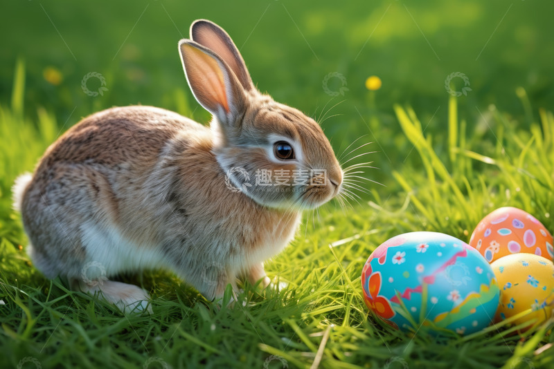 高清大图下载【趣麦麦图】草地上的复活节兔子与彩蛋