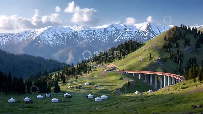 高清大图下载【趣麦麦图】雪山草原风景航拍图