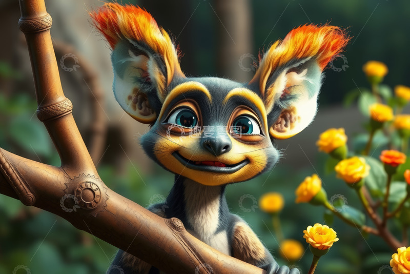 高清大图下载【趣麦麦图】卡通动物狐猴攀附树枝画面