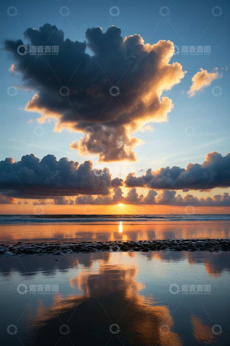 高清大图下载【趣麦麦图】海滩日落天空云彩倒影画面