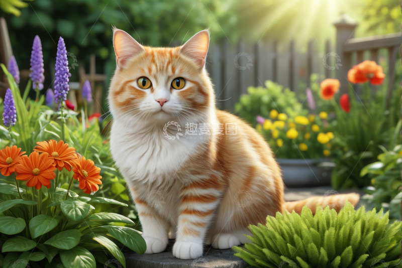 高清大图下载【趣麦麦图】花园中坐着的橙白相间猫咪