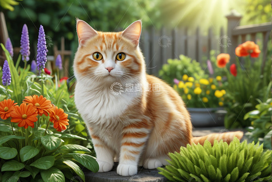 花园中坐着的橙白相间猫咪