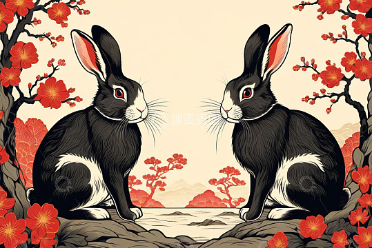 中式风格双兔与红梅插画