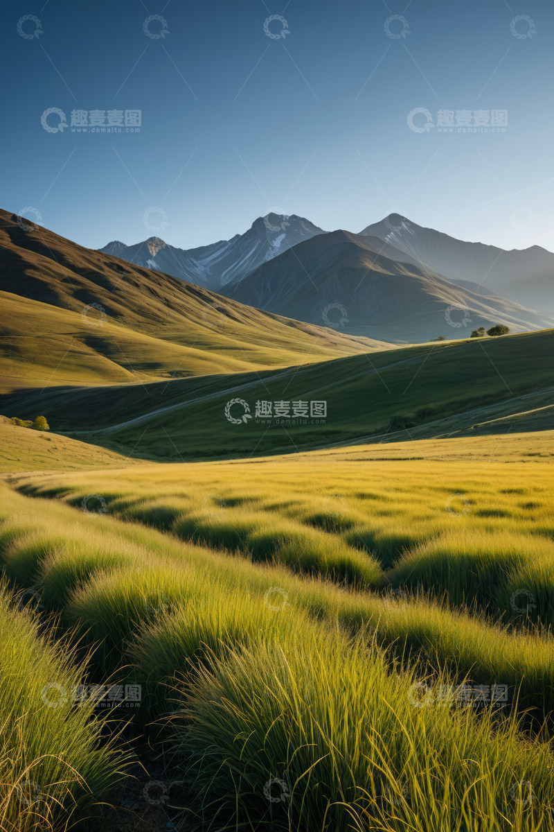 高清大图下载【趣麦麦图】青山下的广袤草原风景