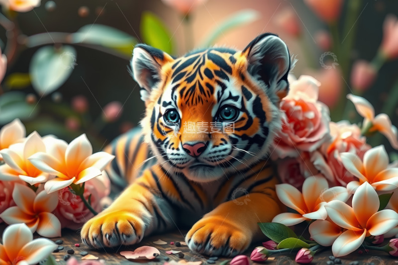 高清大图下载【趣麦麦图】花丛中的小老虎特写