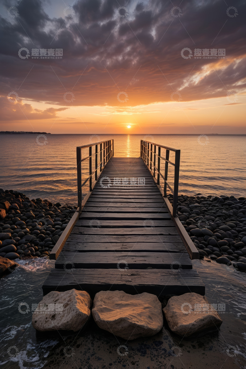 高清大图下载【趣麦麦图】海边木栈道日落景观