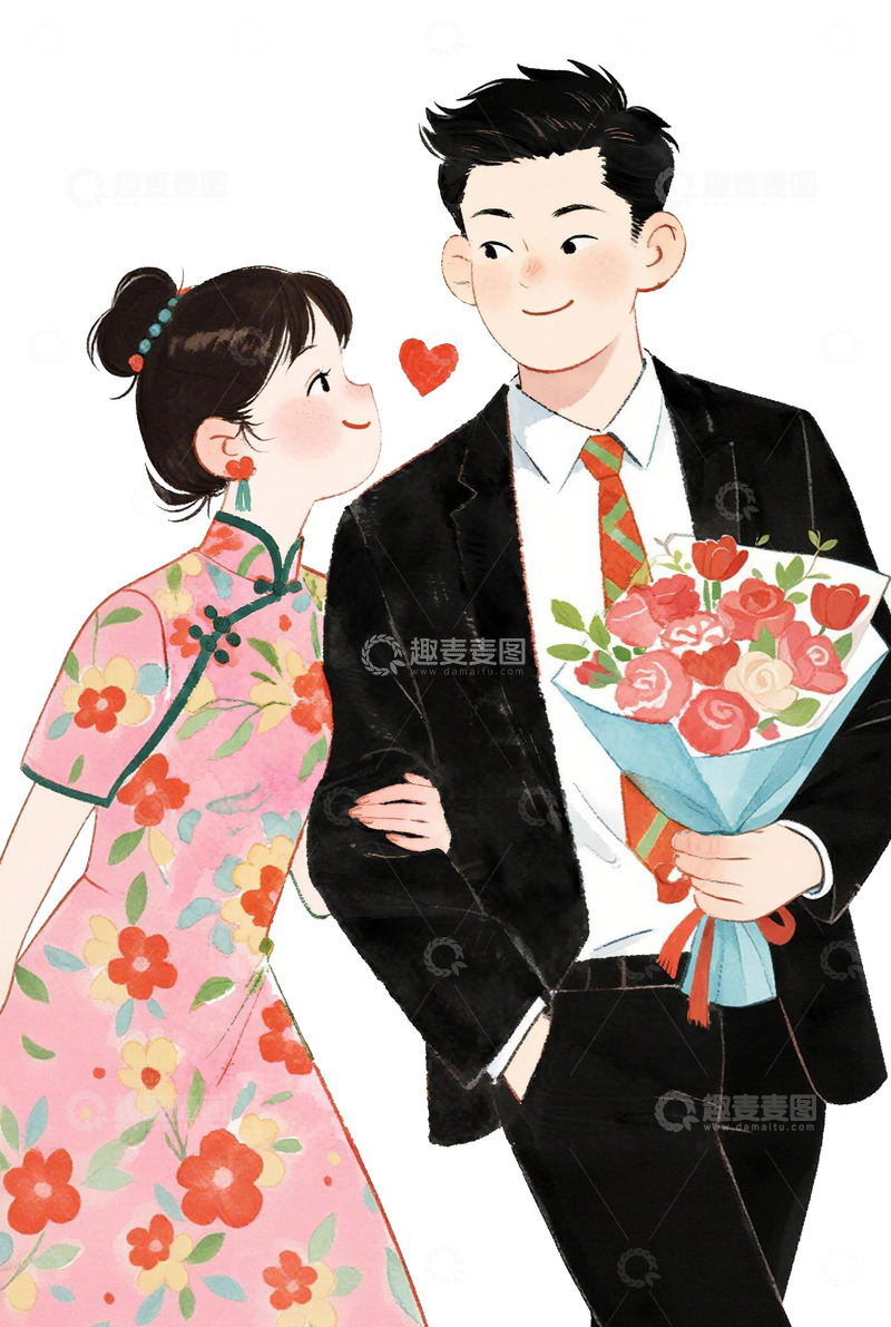 高清大图下载【趣麦麦图】浪漫情侣插画鲜花绽放爱意