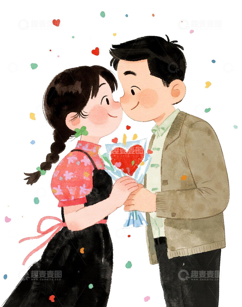 高清大图下载【趣麦麦图】卡通情侣鲜花约会插画