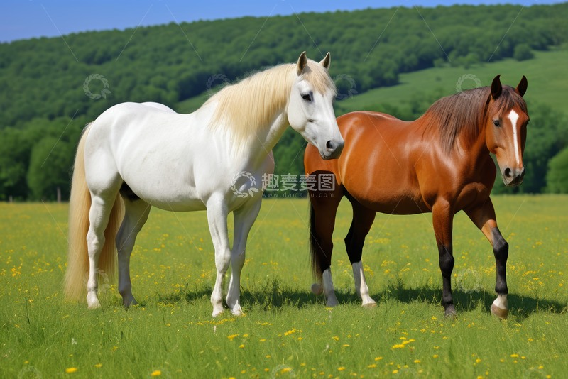 高清大图下载【趣麦麦图】草原上的白马与棕马