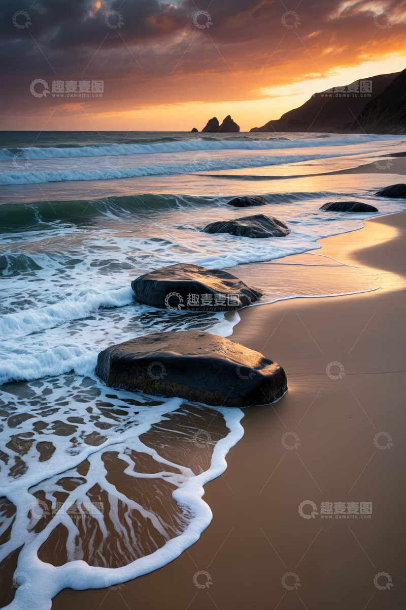 高清大图下载【趣麦麦图】海滩日落海浪礁石景象