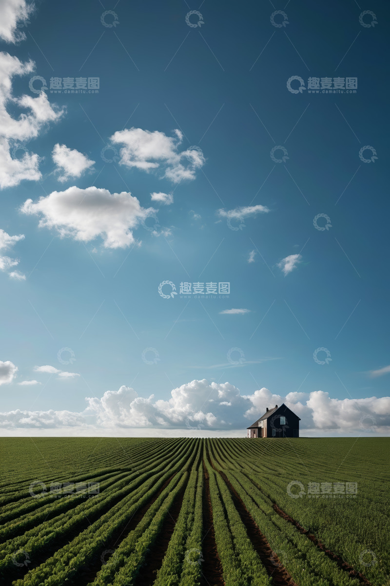 高清大图下载【趣麦麦图】田野上的小屋与蓝天白云景象