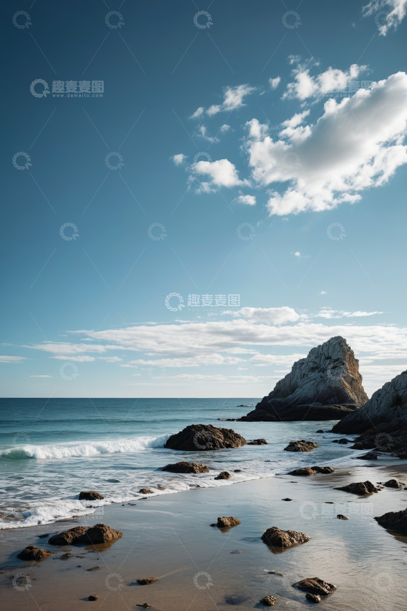 高清大图下载【趣麦麦图】海边沙滩礁石与蓝天白云景观