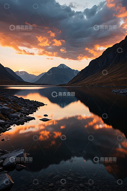 山间湖泊日落全景