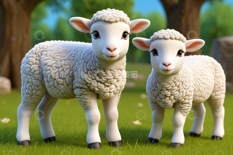 高清大图下载【趣麦麦图】草地上的两只卡通小羊
