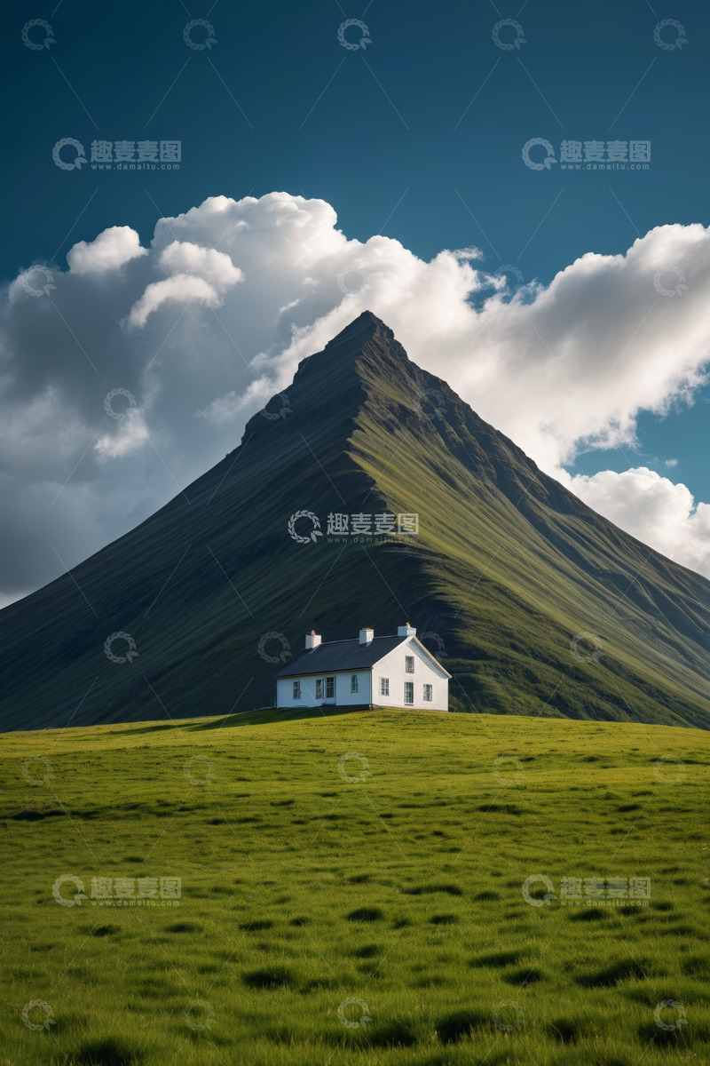 高清大图下载【趣麦麦图】山脚下的白色小屋与绿地景观