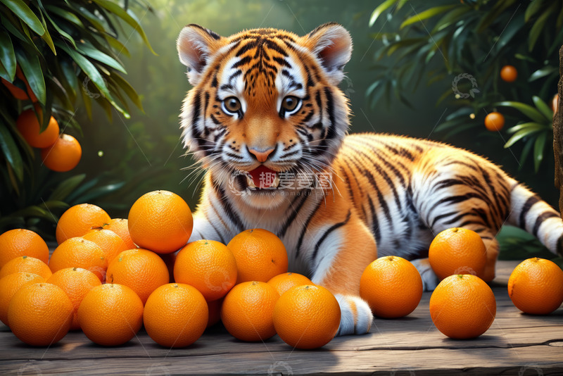 高清大图下载【趣麦麦图】老虎与橙子的自然场景