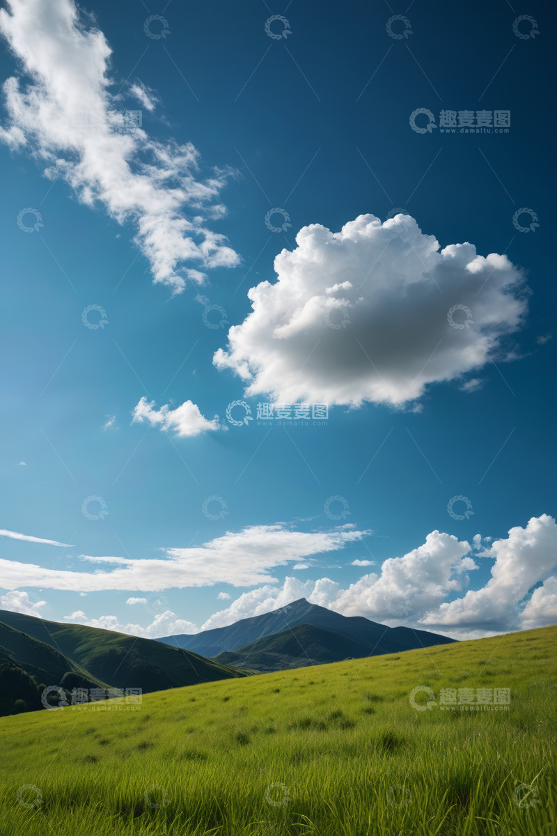 高清大图下载【趣麦麦图】蓝天白云下的绿色草原与远山