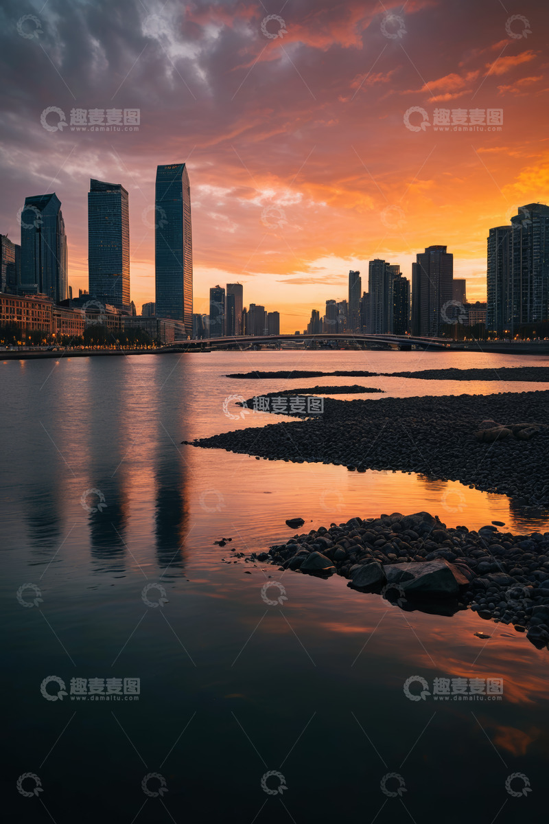 高清大图下载【趣麦麦图】城市河畔日落高楼景观