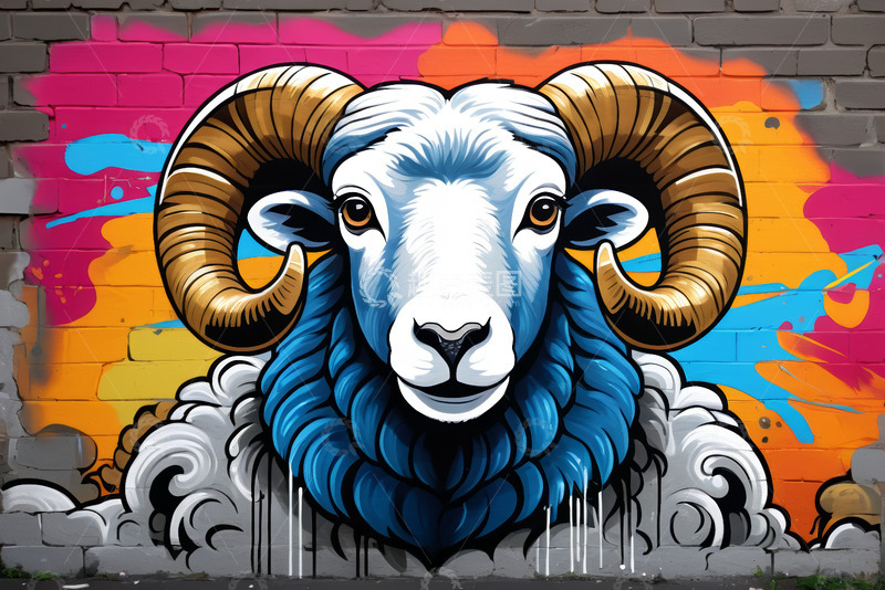 高清大图下载【趣麦麦图】彩色墙面上的公羊涂鸦