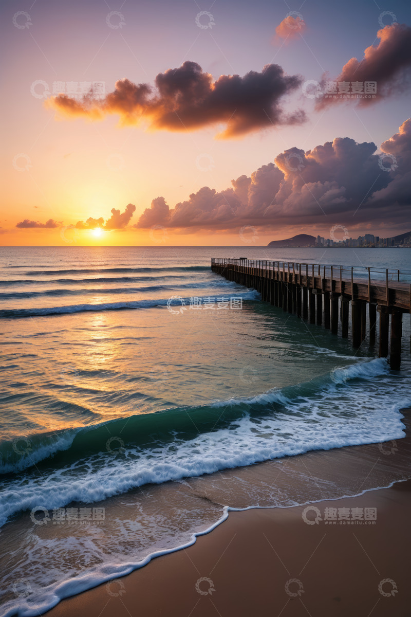 高清大图下载【趣麦麦图】海边夕阳下的栈桥风景