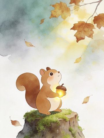 松鼠与橡果灯笼的落叶午后