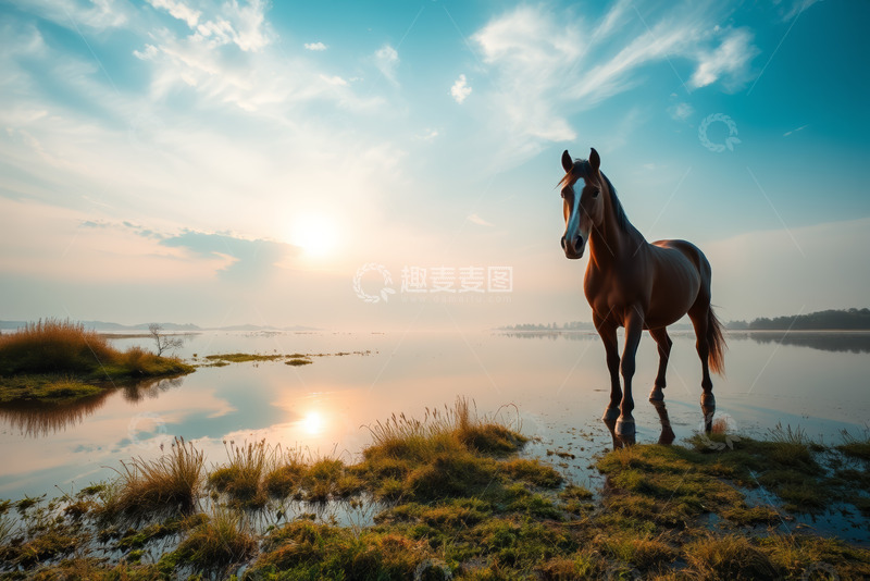 高清大图下载【趣麦麦图】湖畔骏马日出景象