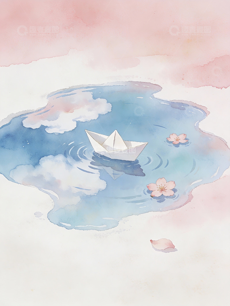 高清大图下载【趣麦麦图】-载着樱花的纸船与温柔涟漪