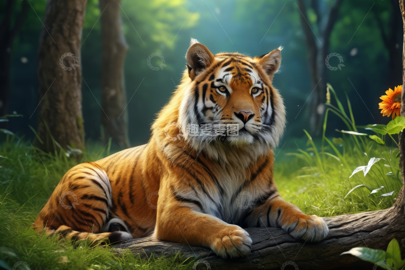 高清大图下载【趣麦麦图】森林中休憩的老虎