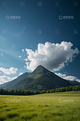 蓝天白云下的草原与远山景观
