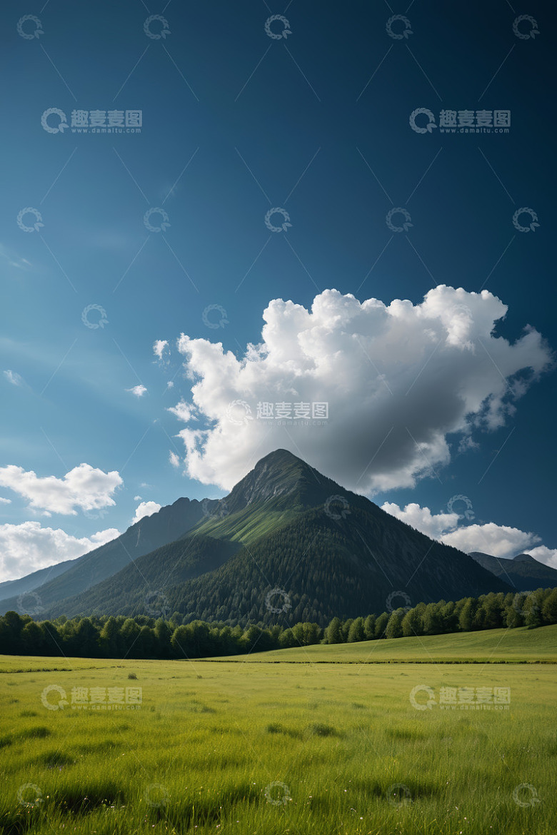 蓝天白云下的草原与远山景观