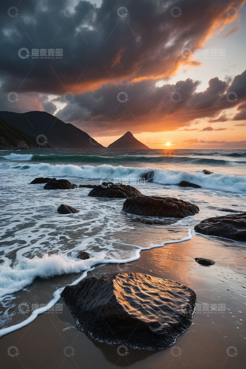 高清大图下载【趣麦麦图】海滩日落海浪与礁石景象