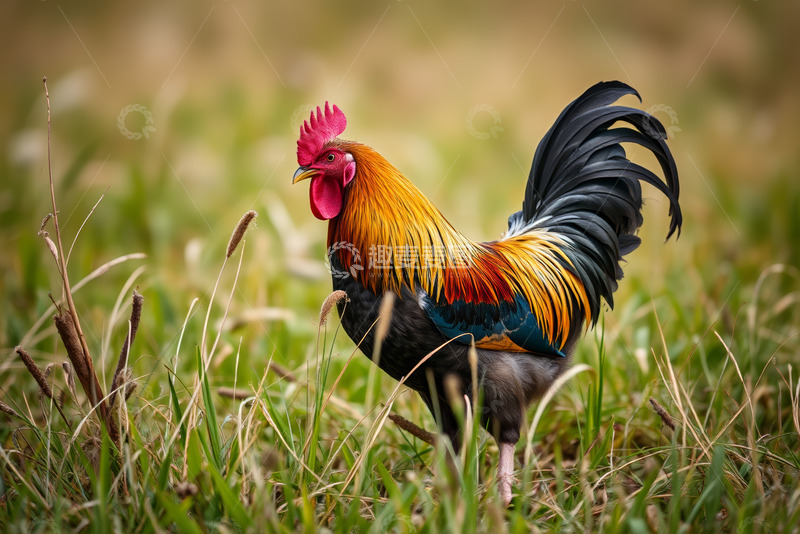 高清大图下载【趣麦麦图】草地中的彩色公鸡